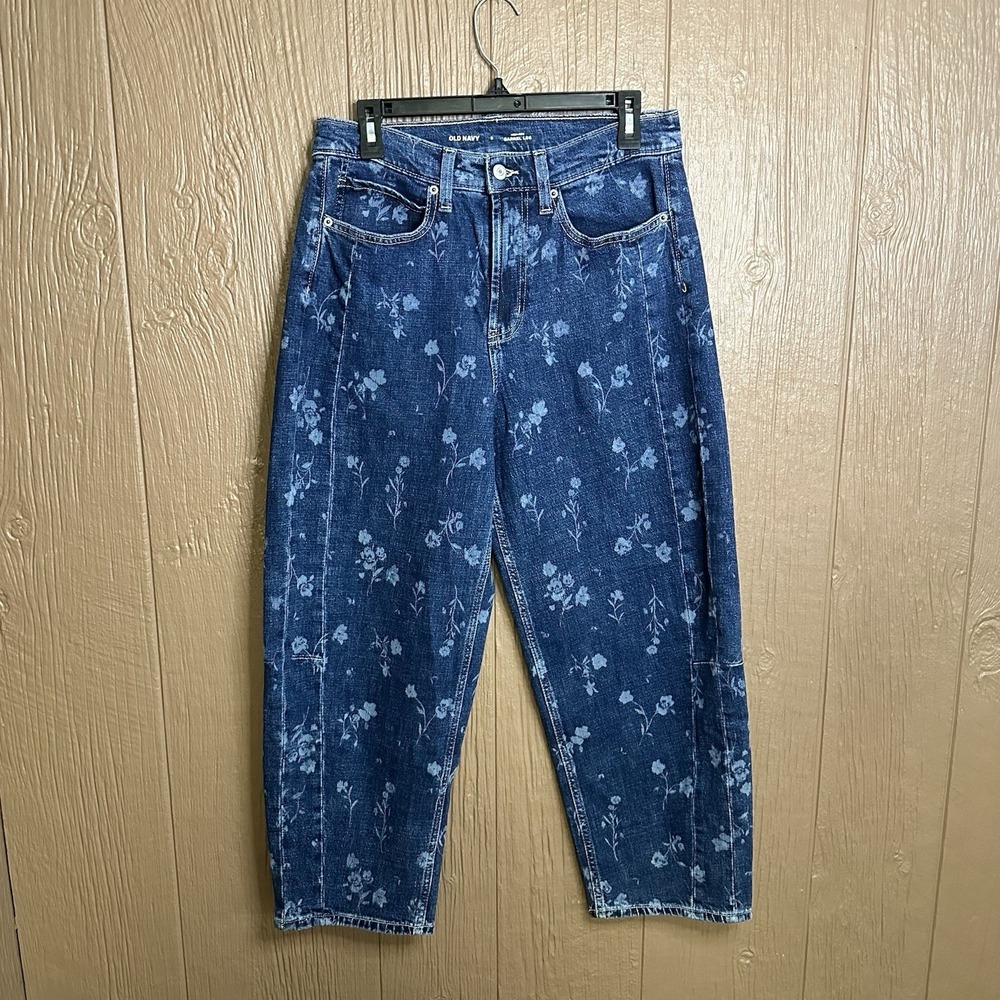 Old Navy High Rise Barrel Ankle Jeans Blue Denim Floral Print Sz 8 Grandma Core